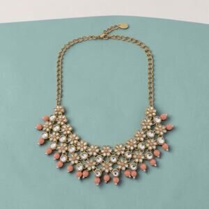 Peach Bead & Rhinestone Necklace 21” Romantic Glam Statement Necklace
